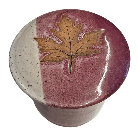 Studio Art Pottery Pink Leaf Soft Butter Bell Keeper Crock Stoneware Signed - Picture 1 of 8